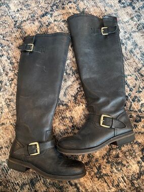 Steve Madden Black Faux-Leather Tall Riding Boots with Buckles (Waterproof)